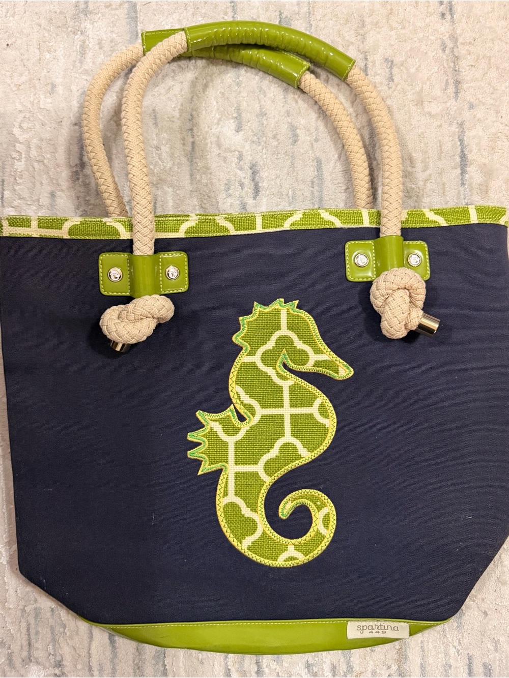 Spartina 449 Navy Tote with Lime Seahorse Applique